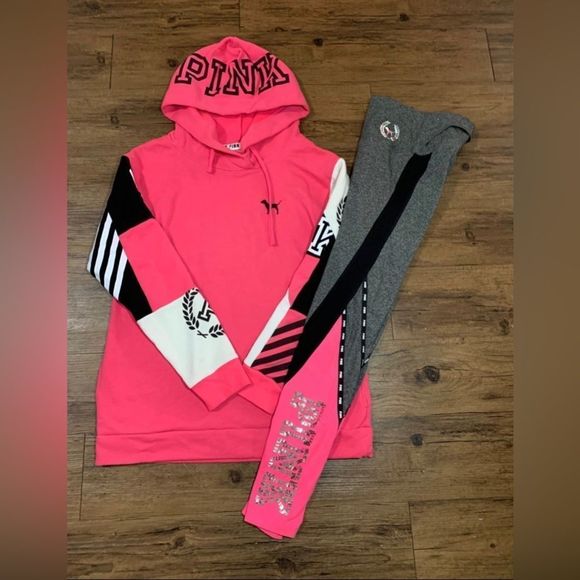 PINK VS COLORBLOCK NEON CAMPUS CROSSOVER HOODIE / BLING LEGGINGS OUTFIT S - Picture 1 of 13